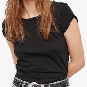 Free People Clare Black Tee Shirt Fitted xsmall light weight rolled cap sleeves